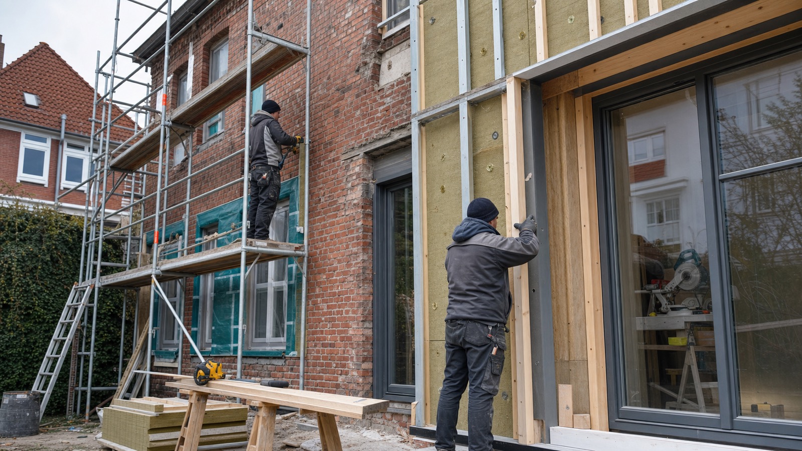 Handwerker sanieren ein Bestandsgebäude mit Klinker-Mauerwerk und neuer Holzkonstruktion